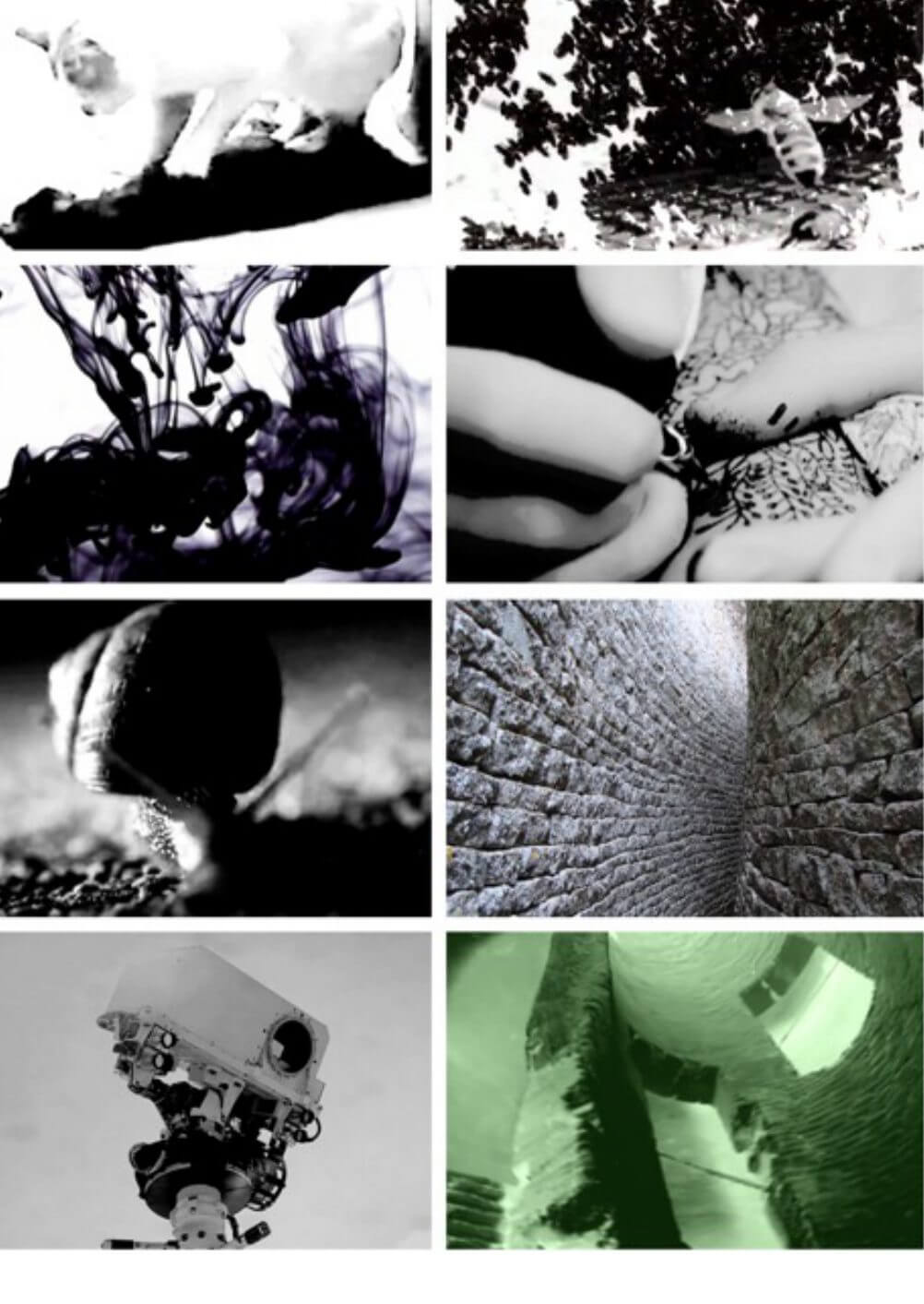 Planche de photogrammes : encre, matière, tunnels filmés à la caméra endoscopique